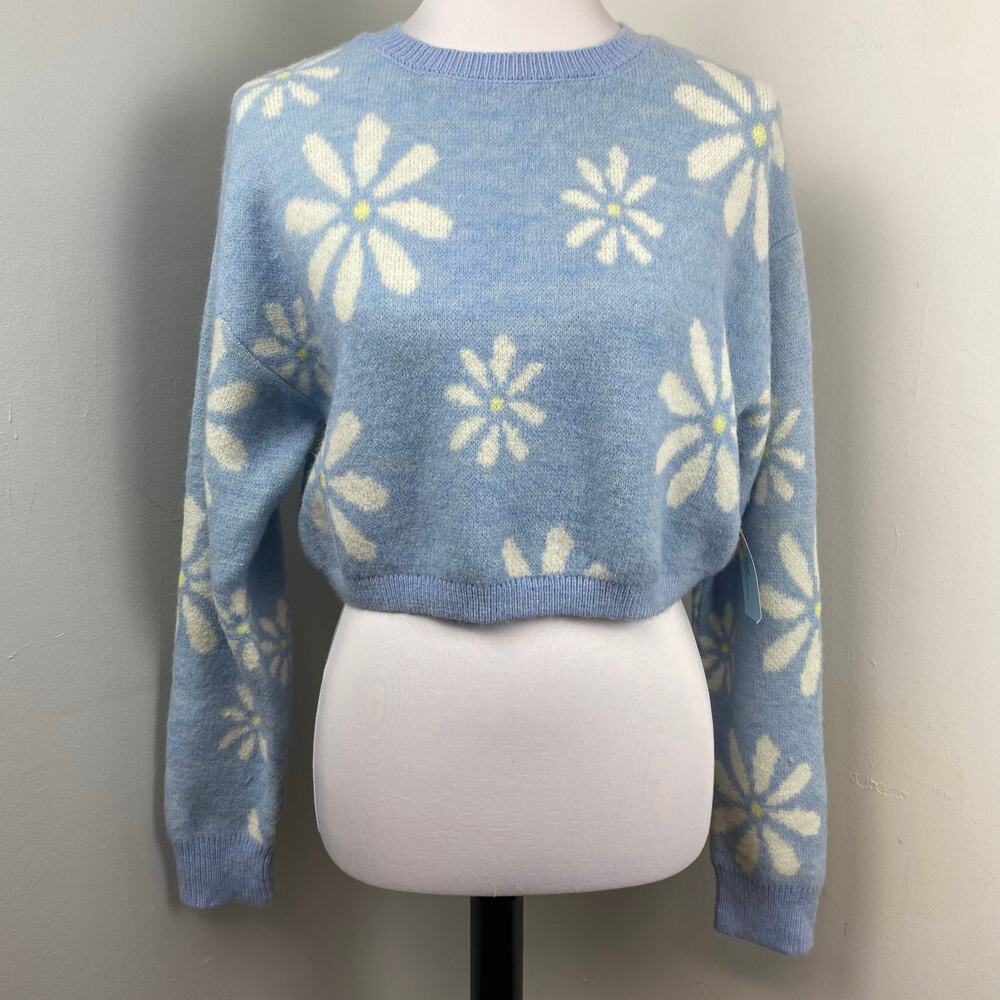Witty Fox Blue Retro Floral Cropped Knit Sweater Large Daisy